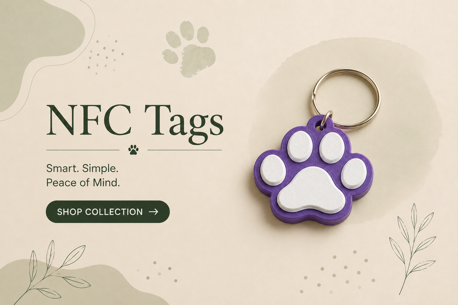 Purple and white paw-shaped NFC tag