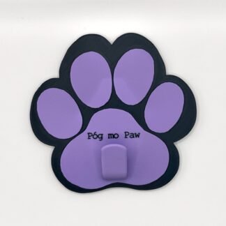Black and purple paw-shaped standard leash holder with hook and "Póg mo Paw" text, 3D printed dog lead organiser