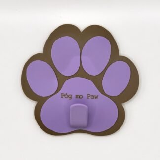 Brown and lilac paw-shaped standard leash holder with hook and "Póg mo Paw" text, 3D printed dog lead organiser