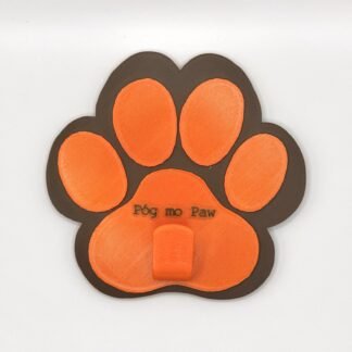 Brown and orange 3D‑printed paw-shaped standard leash holder with Póg mo Paw text and single orange hook for leads