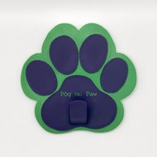 Green and purple paw-shaped 3D printed standard leash holder with hook and "Póg mo Paw" text for leads