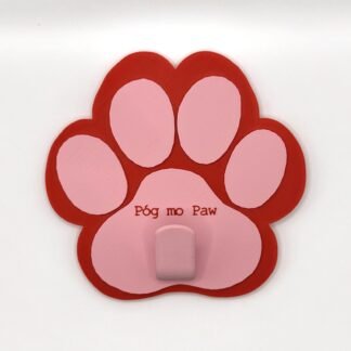 Standard paw-shaped leash holder in red with pink pads and a central pink hook, 3D printed Póg mo Paw hallway organiser