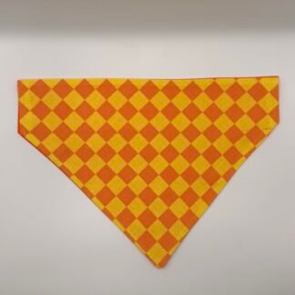 Autumn Squares dog bandana orange and yellow checkered pattern with collar-through sleeve, handmade Halloween accessory